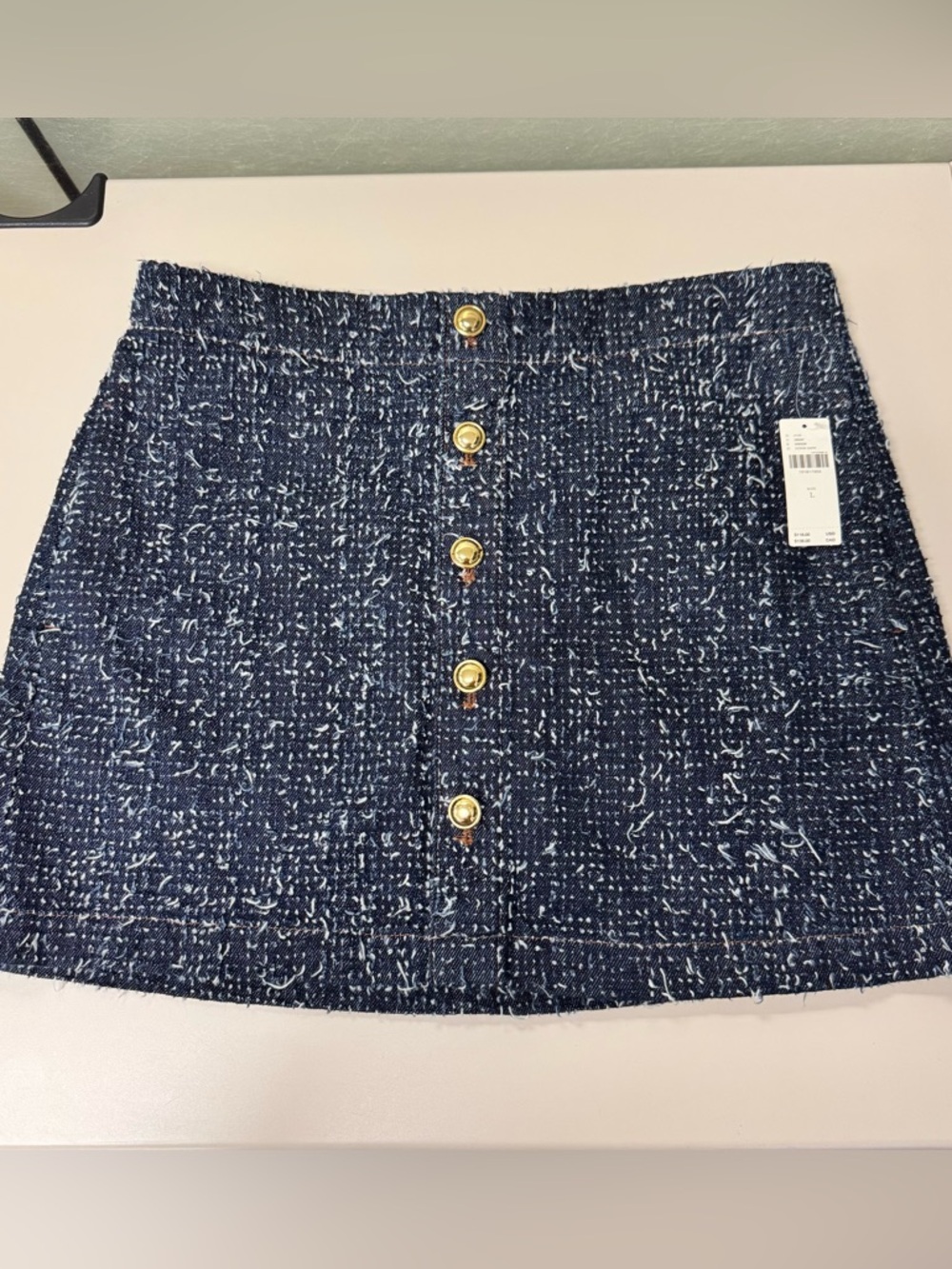 Anthropologie Navy Tweed Mini Skirt with Gold Accents